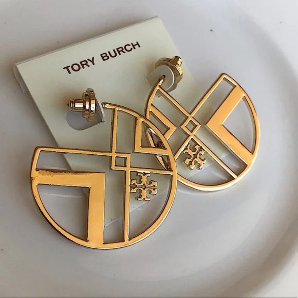 TORY BURCH Geometric Logo  Hoop Earrings Gold NEW